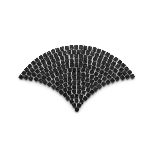 The Ventaglio in Nero Marquina by Zia Tile features a fan-shaped layout of small, black square tiles on a white background, forming a strikingly symmetrical and geometric pattern.