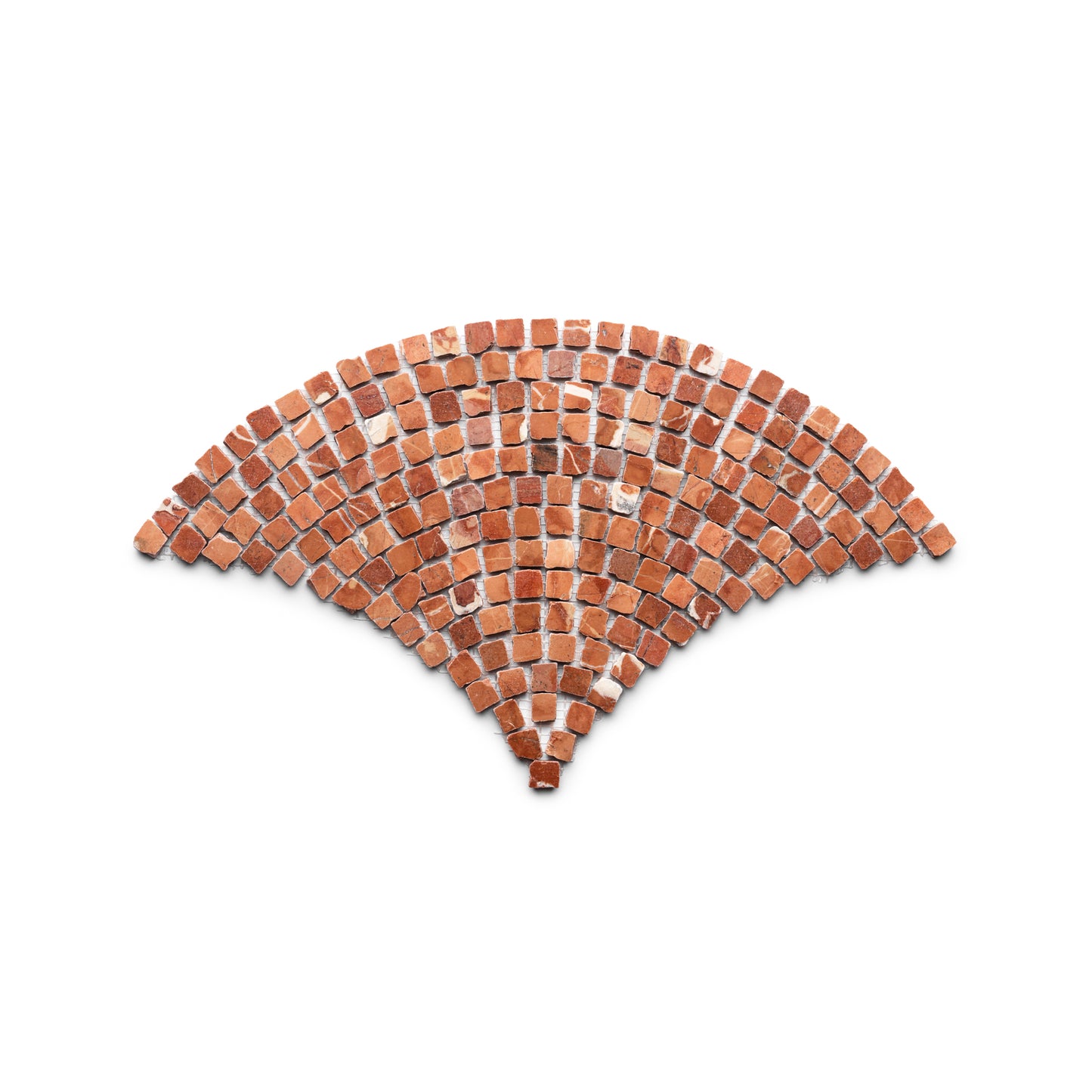 The Ventaglio in Rosso Alicante by Zia Tile features small, reddish-brown tiles arranged in an arc pattern reminiscent of a Wi-Fi signal icon, set against a plain white background.