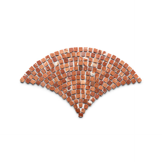 The Ventaglio in Rosso Alicante by Zia Tile features small, reddish-brown tiles arranged in an arc pattern reminiscent of a Wi-Fi signal icon, set against a plain white background.