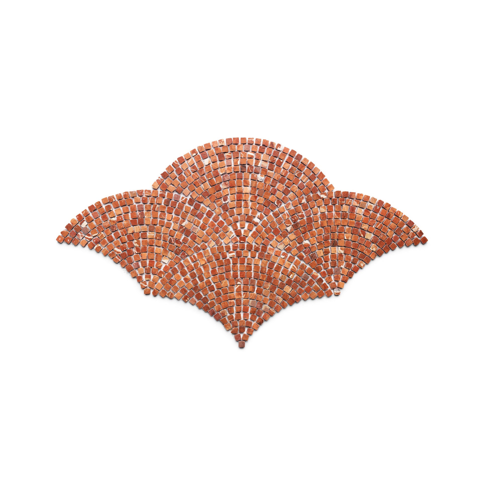 The Ventaglio in Rosso Alicante by Zia Tile is a mosaic artwork featuring small, reddish-brown tiles arranged in a geometric, fan-like pattern with three rounded arches set against a white background.