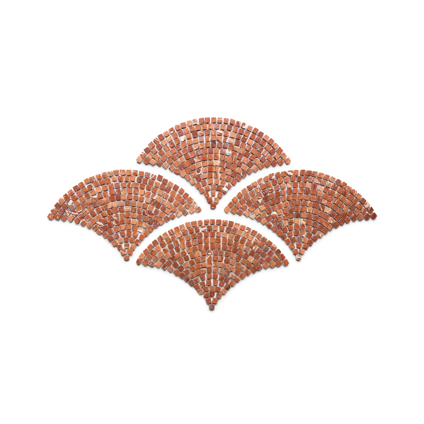 Four fan-shaped patterns of small, square Rosso Alicante terracotta tiles from Zia Tile’s Ventaglio collection are arranged in a staggered, overlapping layout on a white background.