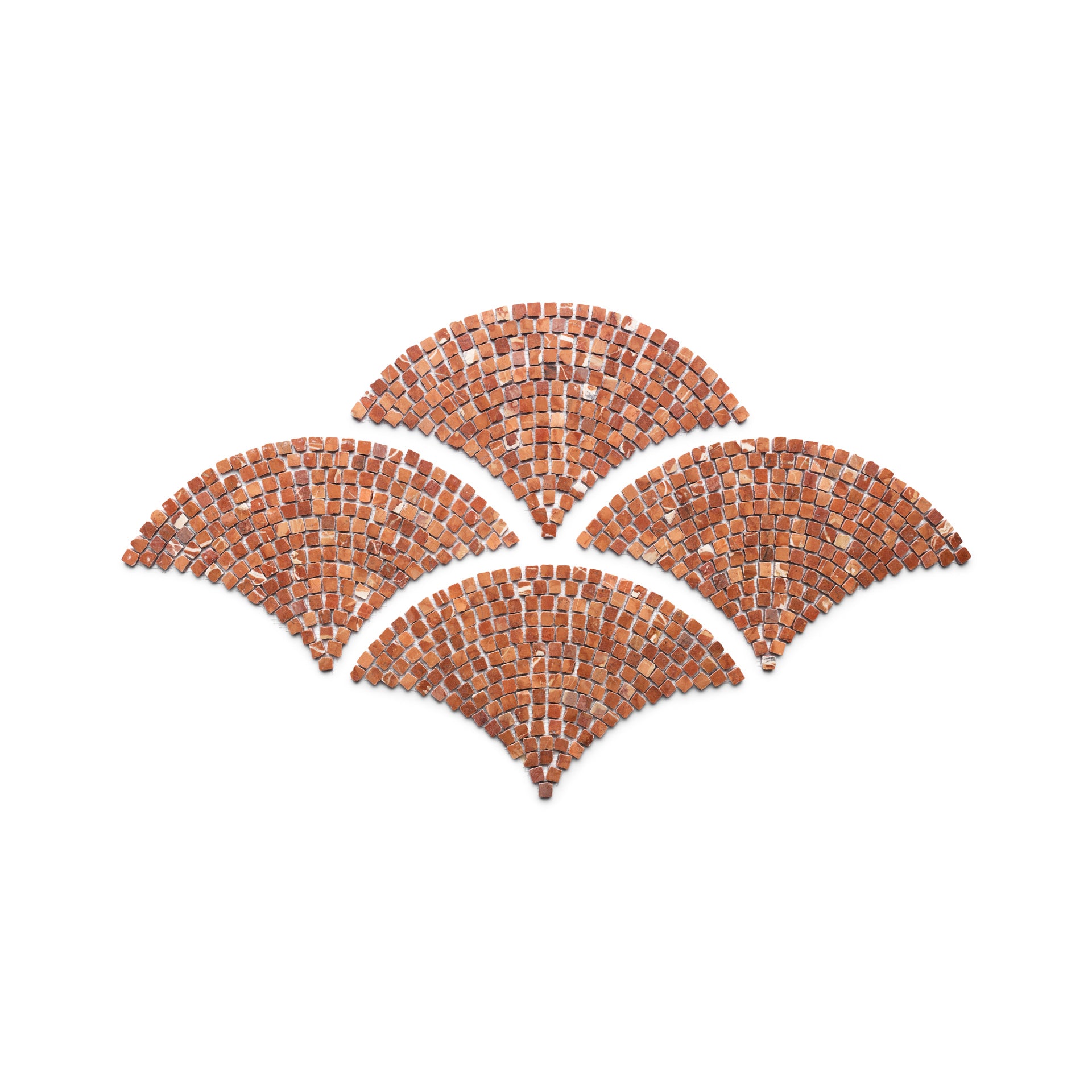 Four fan-shaped patterns of small, square Rosso Alicante terracotta tiles from Zia Tile’s Ventaglio collection are arranged in a staggered, overlapping layout on a white background.