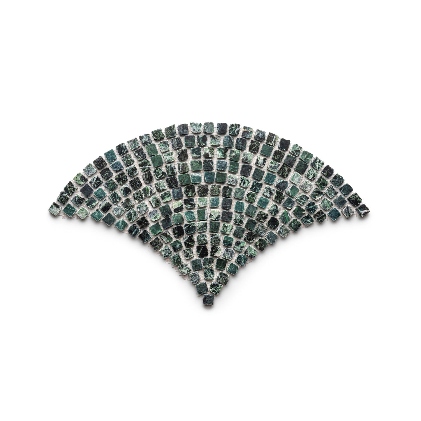 Ventaglio in Verde Alpi by Zia Tile features a fan-shaped mosaic of small, irregular green tiles set in curved rows against a white background.