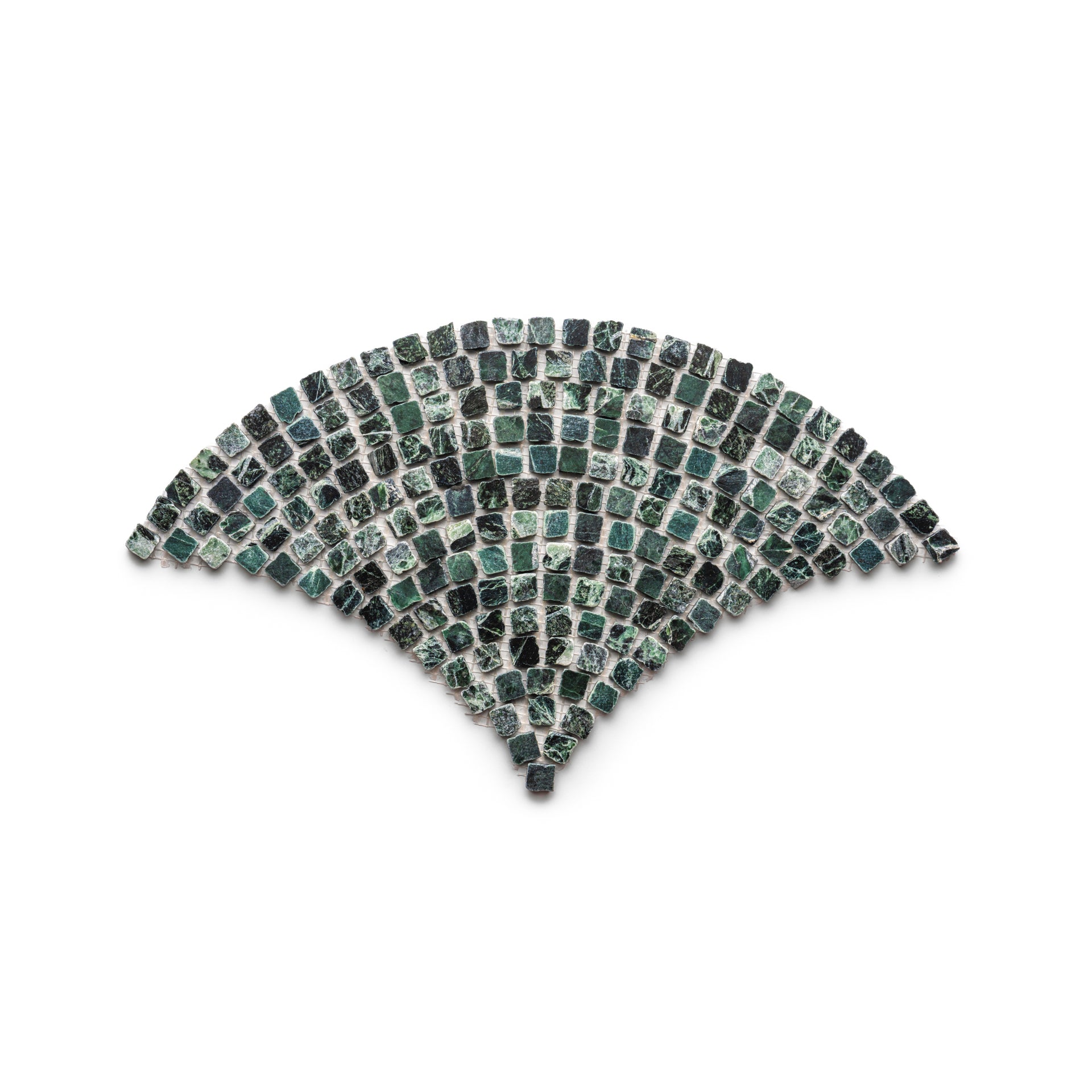 Ventaglio in Verde Alpi by Zia Tile features a fan-shaped mosaic of small, irregular green tiles set in curved rows against a white background.