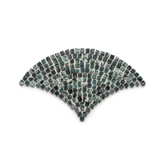 Ventaglio in Verde Alpi by Zia Tile features a fan-shaped mosaic of small, irregular green tiles set in curved rows against a white background.