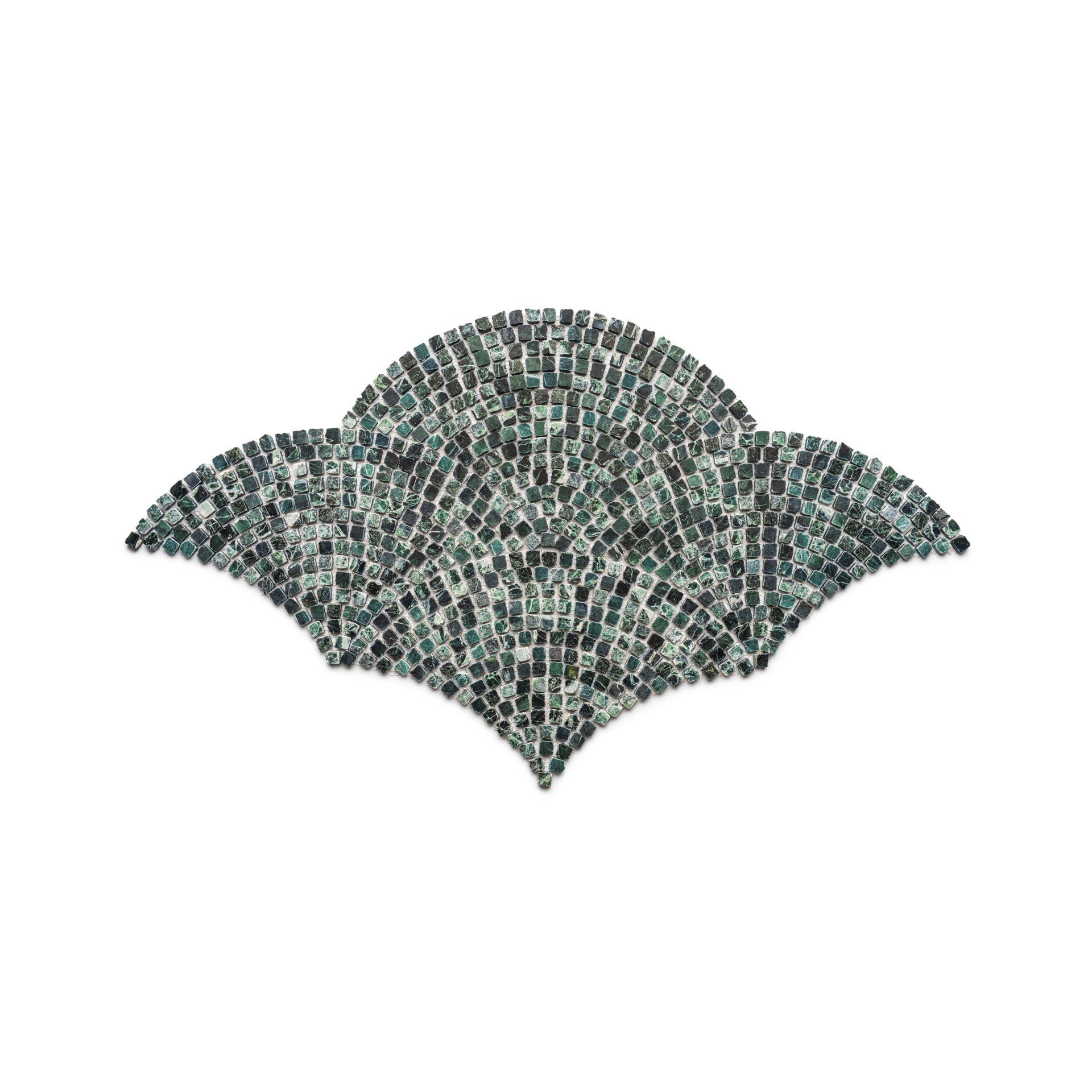 The Ventaglio in Verde Alpi by Zia Tile features a fan-shaped mosaic of small rectangular tiles in dark green and gray tones, set on a white background.