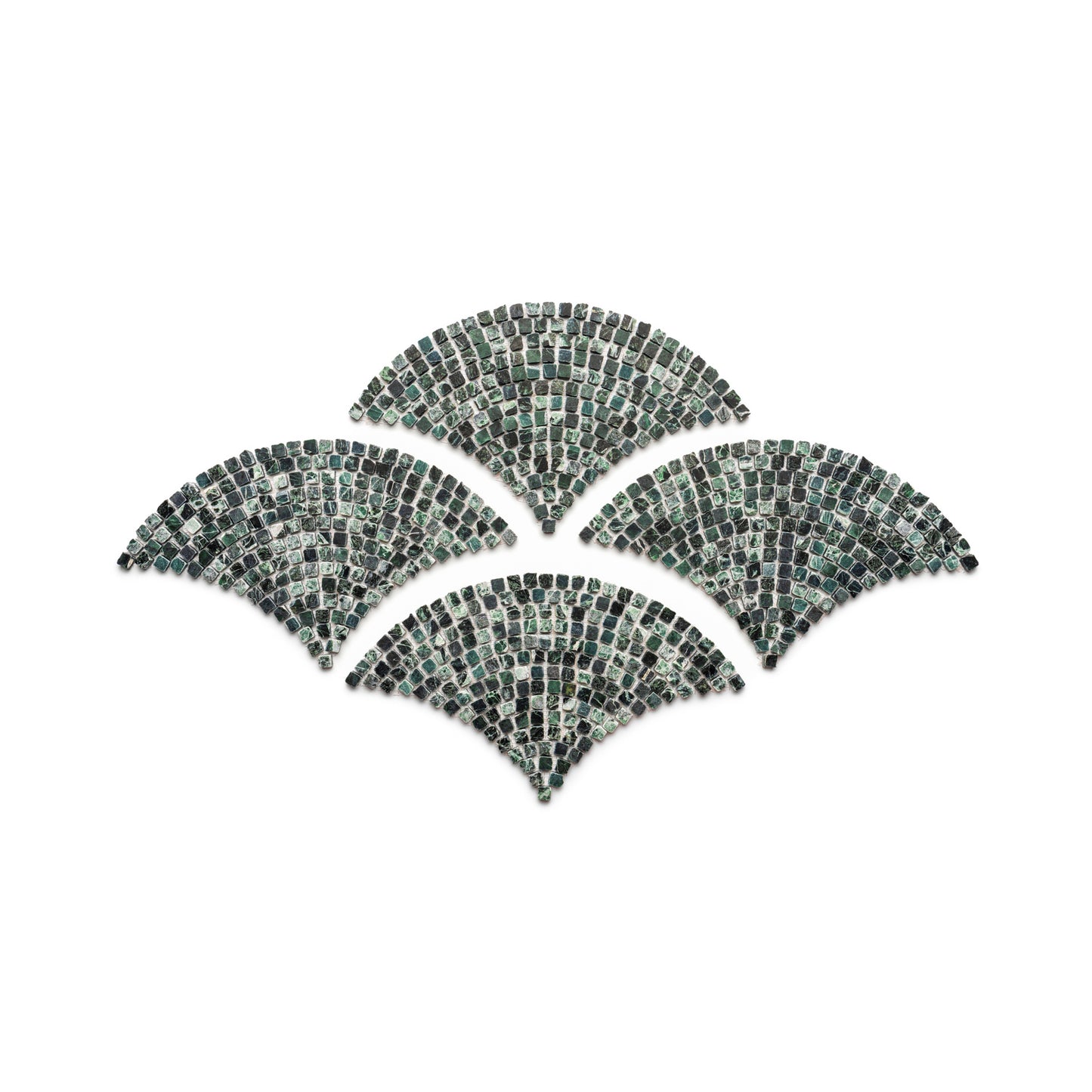 Four Ventaglio in Verde Alpi mosaic pieces by Zia Tile are arranged symmetrically on a white background. Each piece features small, dark green and black rectangular tiles.