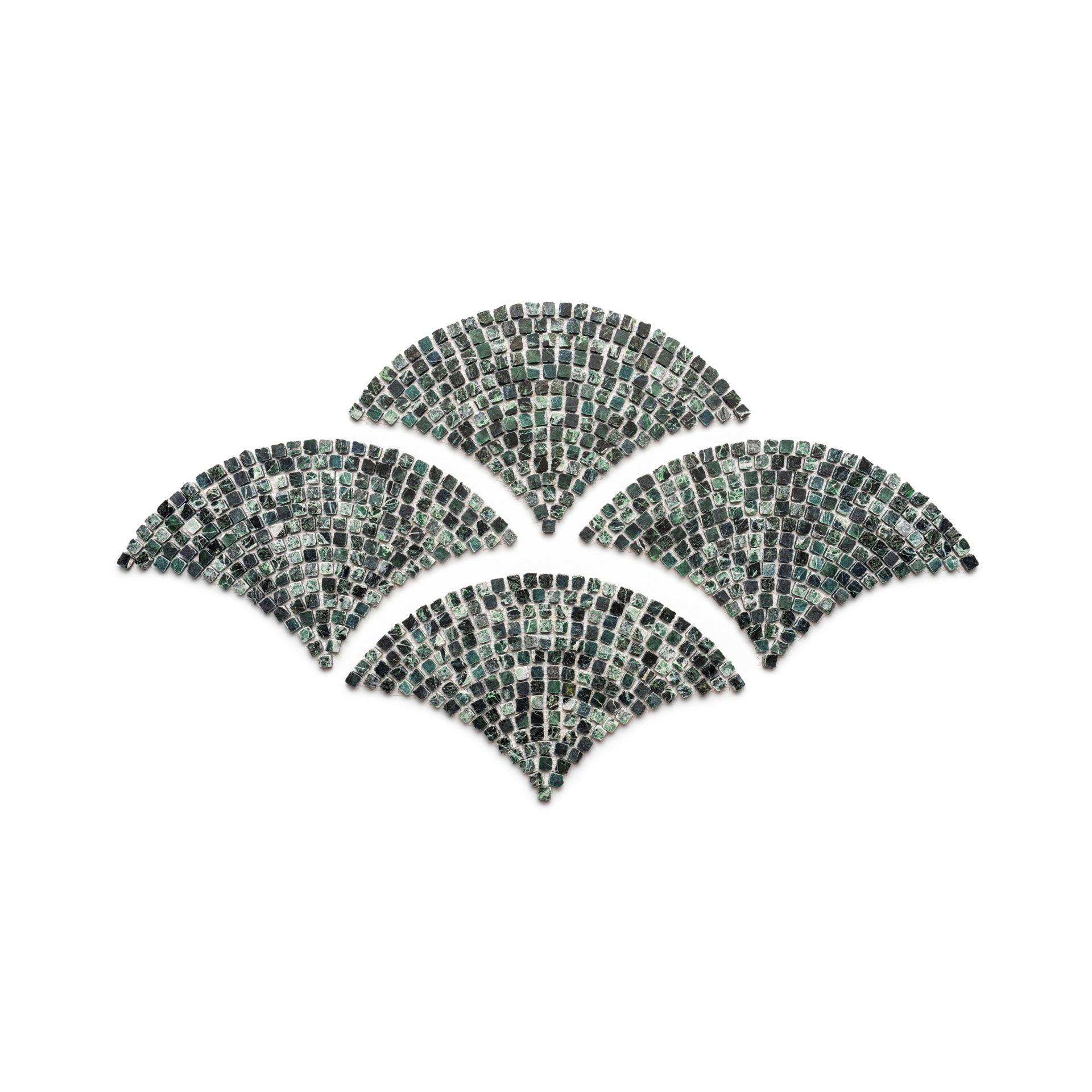 Four Ventaglio in Verde Alpi mosaic pieces by Zia Tile are arranged symmetrically on a white background. Each piece features small, dark green and black rectangular tiles.