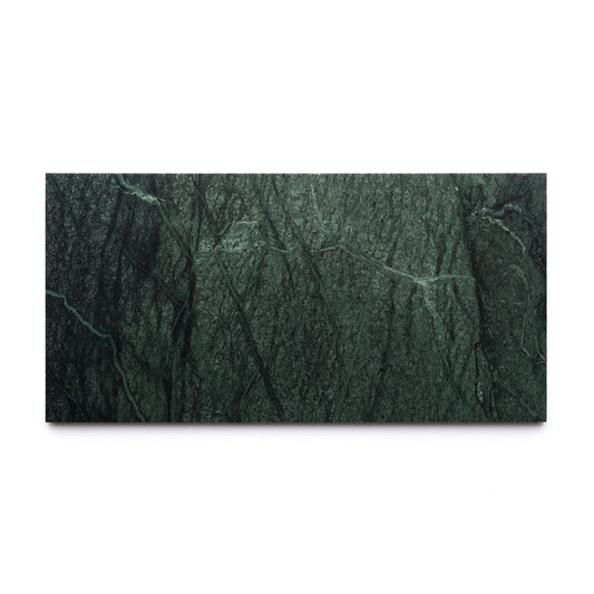 The Verde Alpi 12x24 by Zia Tile is a rectangular, dark green marble tile featuring natural veining and texture, shown against a white background.