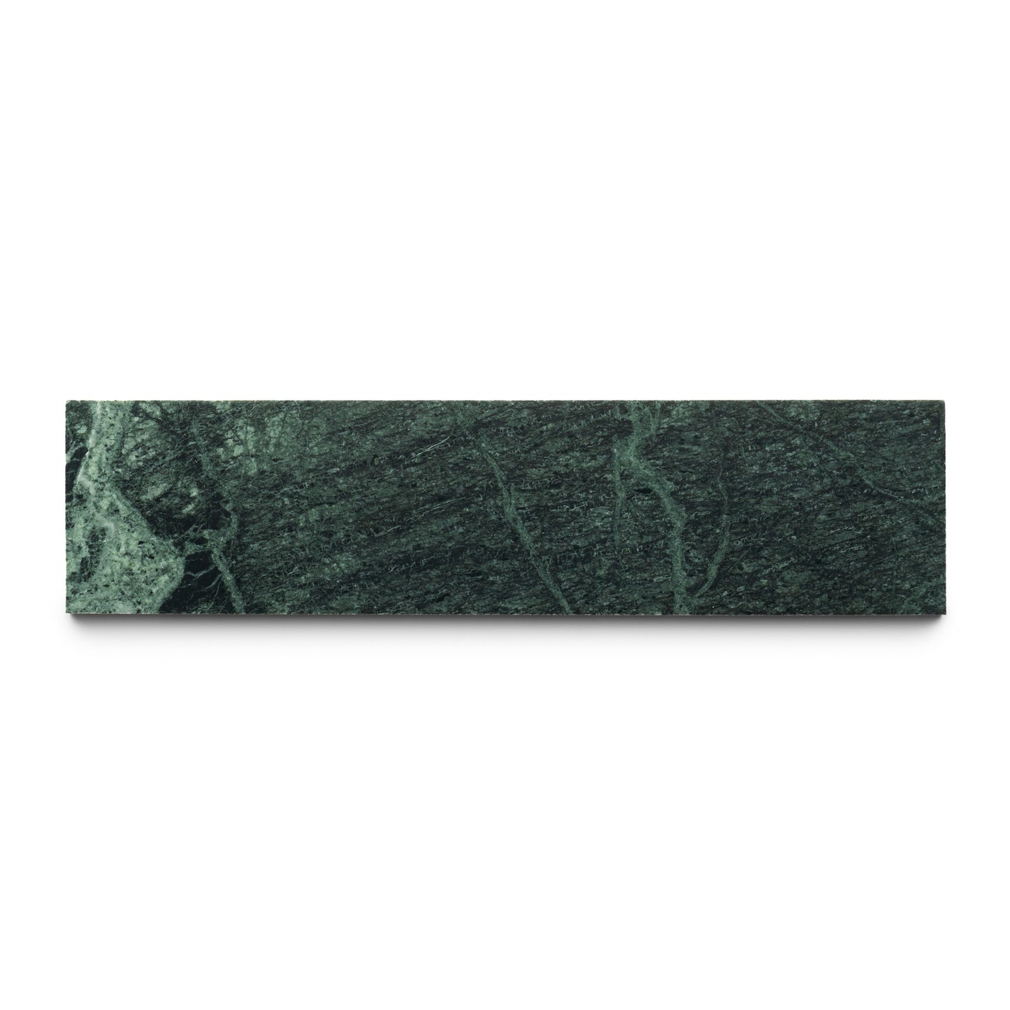 The Verde Alpi 3x12 by Zia Tile is a rectangular dark green marble slab with subtle lighter green veining, showcased on a white background.