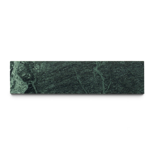 The Verde Alpi 3x12 by Zia Tile is a rectangular dark green marble slab with subtle lighter green veining, showcased on a white background.