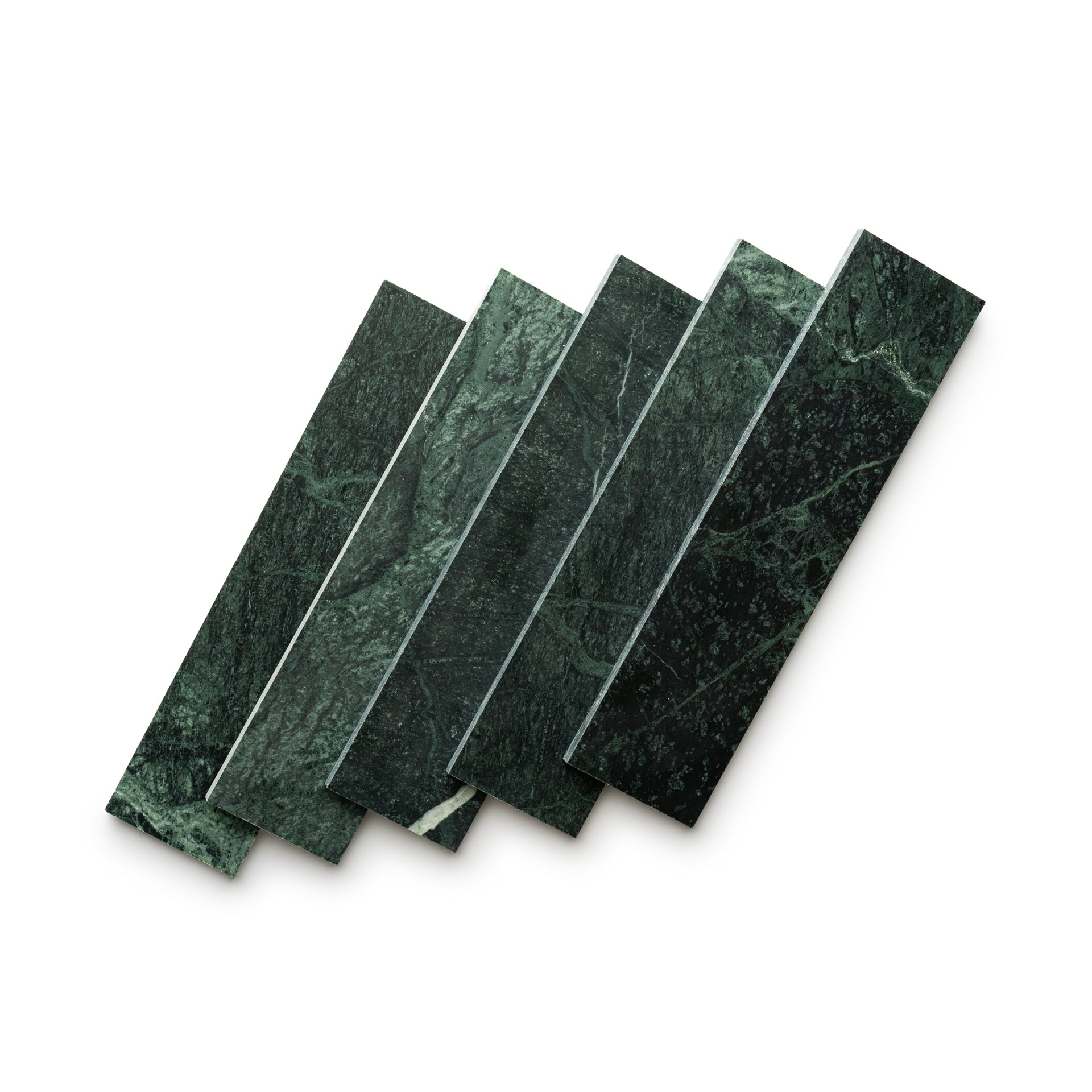 Five rectangular Verde Alpi 3x12 tiles by Zia Tile are arranged diagonally in a fanned-out pattern on a white background.