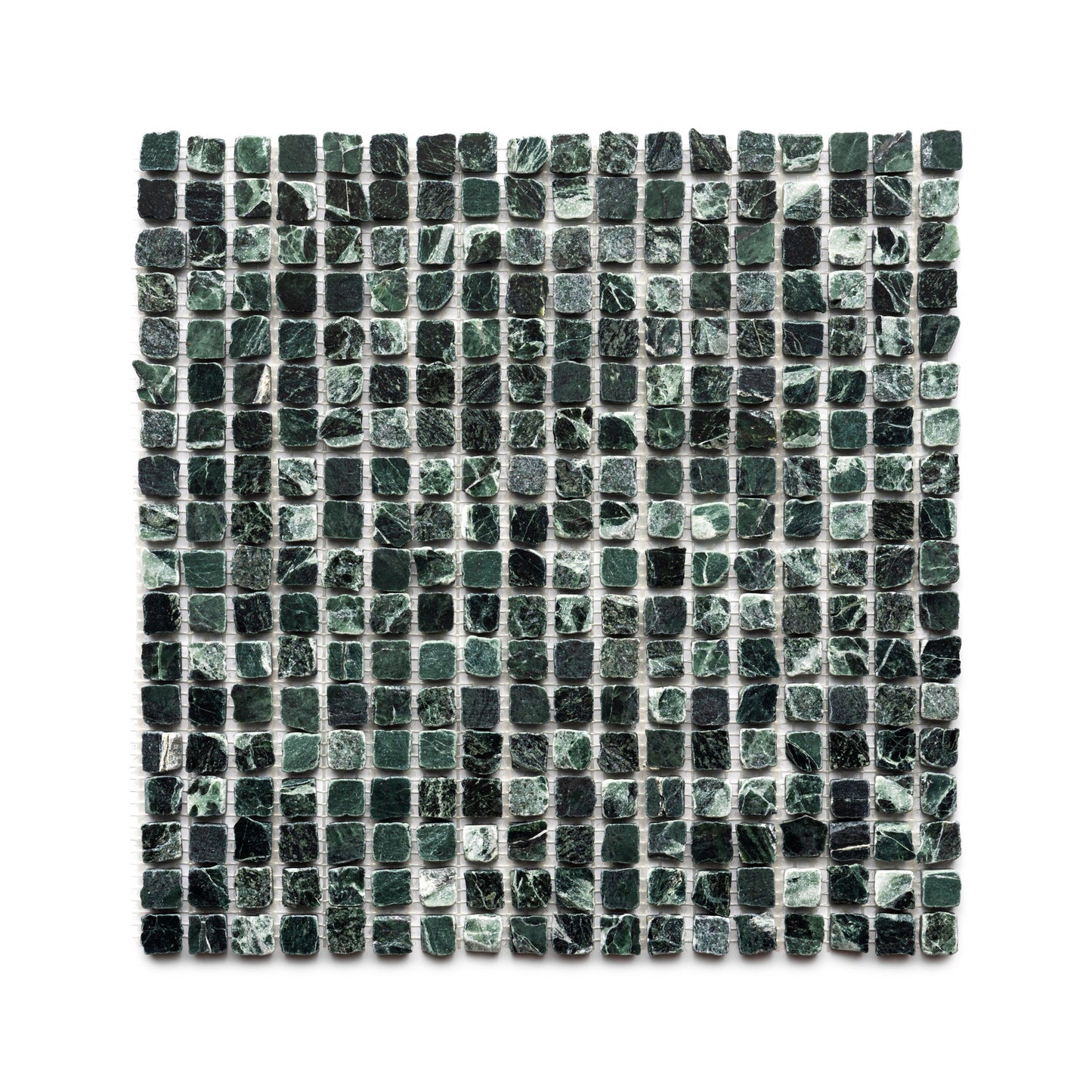 A square sheet of Zia Tile's Verde Alpi 5/8 features small, dark green marble mosaic tiles in a grid pattern with unique marbled textures and color variations on a white backing.