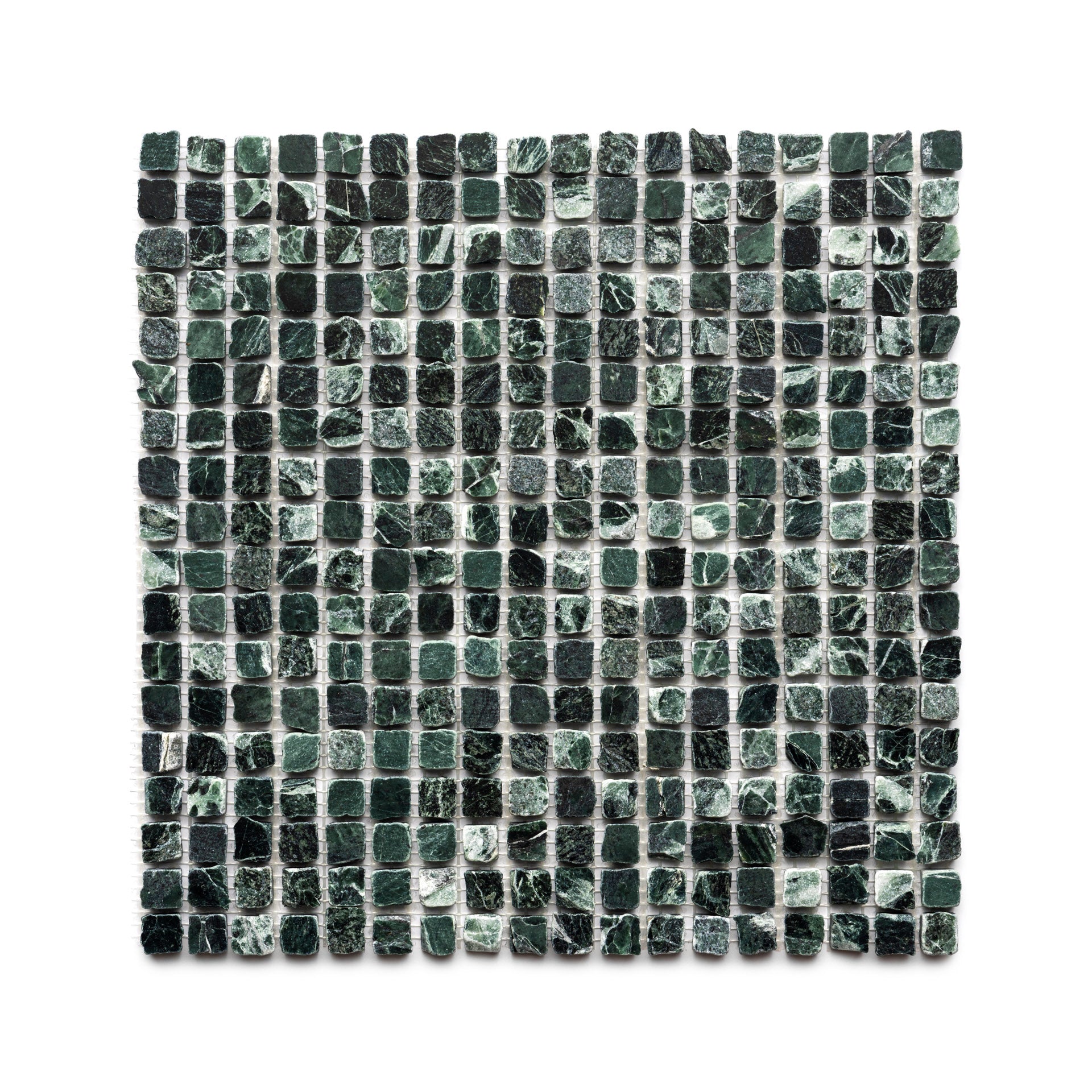 A square sheet of Zia Tile's Verde Alpi 5/8 features small, dark green marble mosaic tiles in a grid pattern with unique marbled textures and color variations on a white backing.