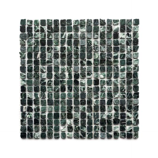 A square sheet of Zia Tile's Verde Alpi 5/8 features small, dark green marble mosaic tiles in a grid pattern with unique marbled textures and color variations on a white backing.