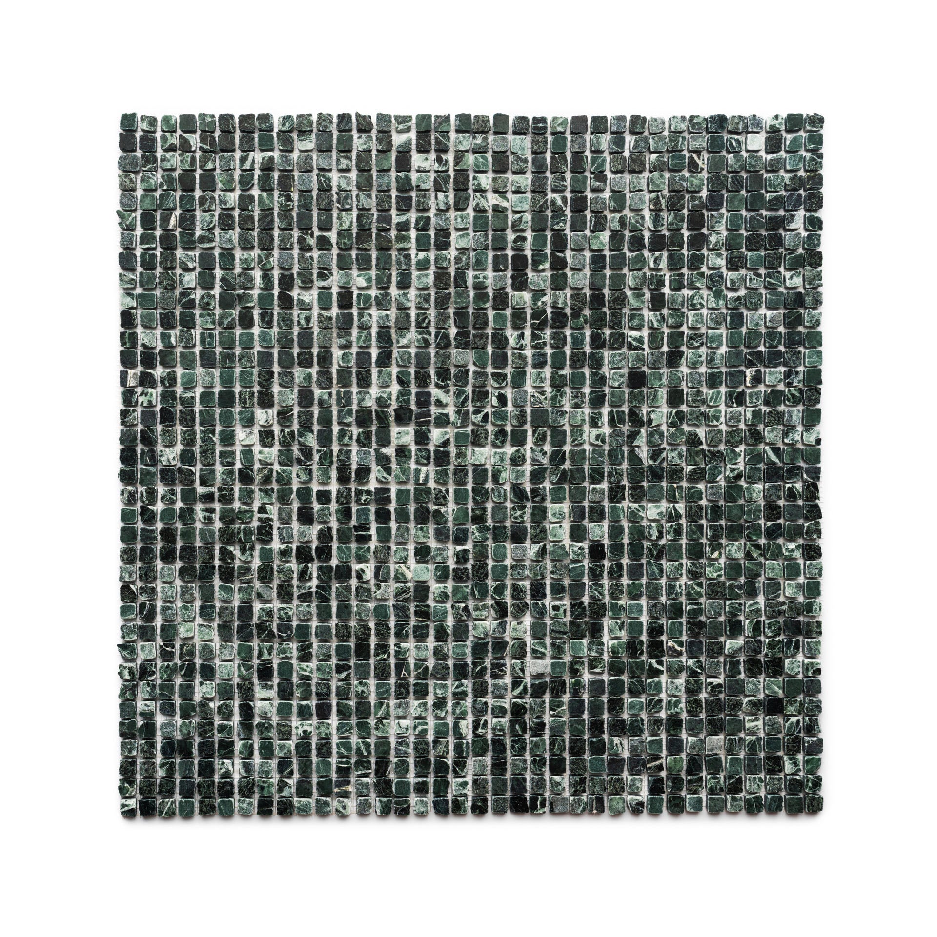 The Zia Tile Verde Alpi 5/8 features small, square, dark green marble mosaic tiles arranged in a grid on a white background, showcasing a textured surface with subtle white veining.