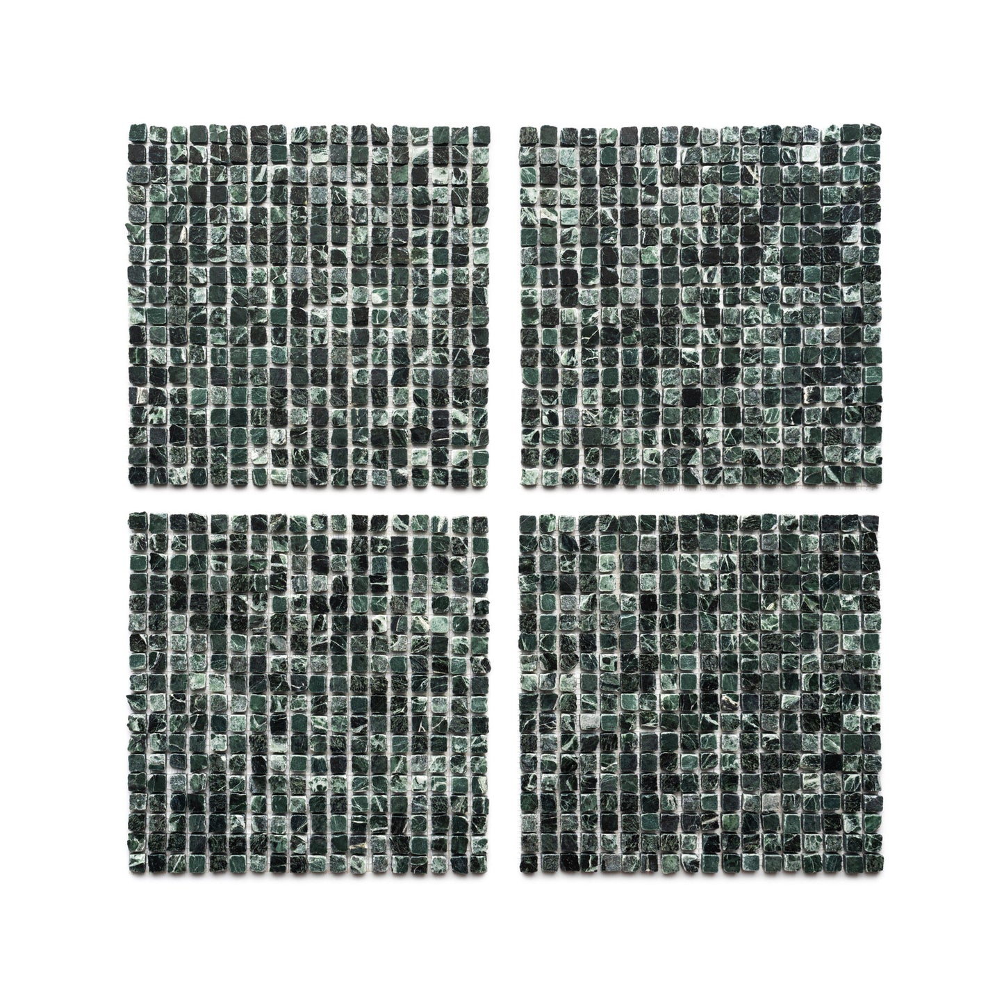 Four Verde Alpi 5/8 mosaic tile sheets by Zia Tile, each featuring small square tiles in black and dark gray, are arranged in a two-by-two grid on a white background.