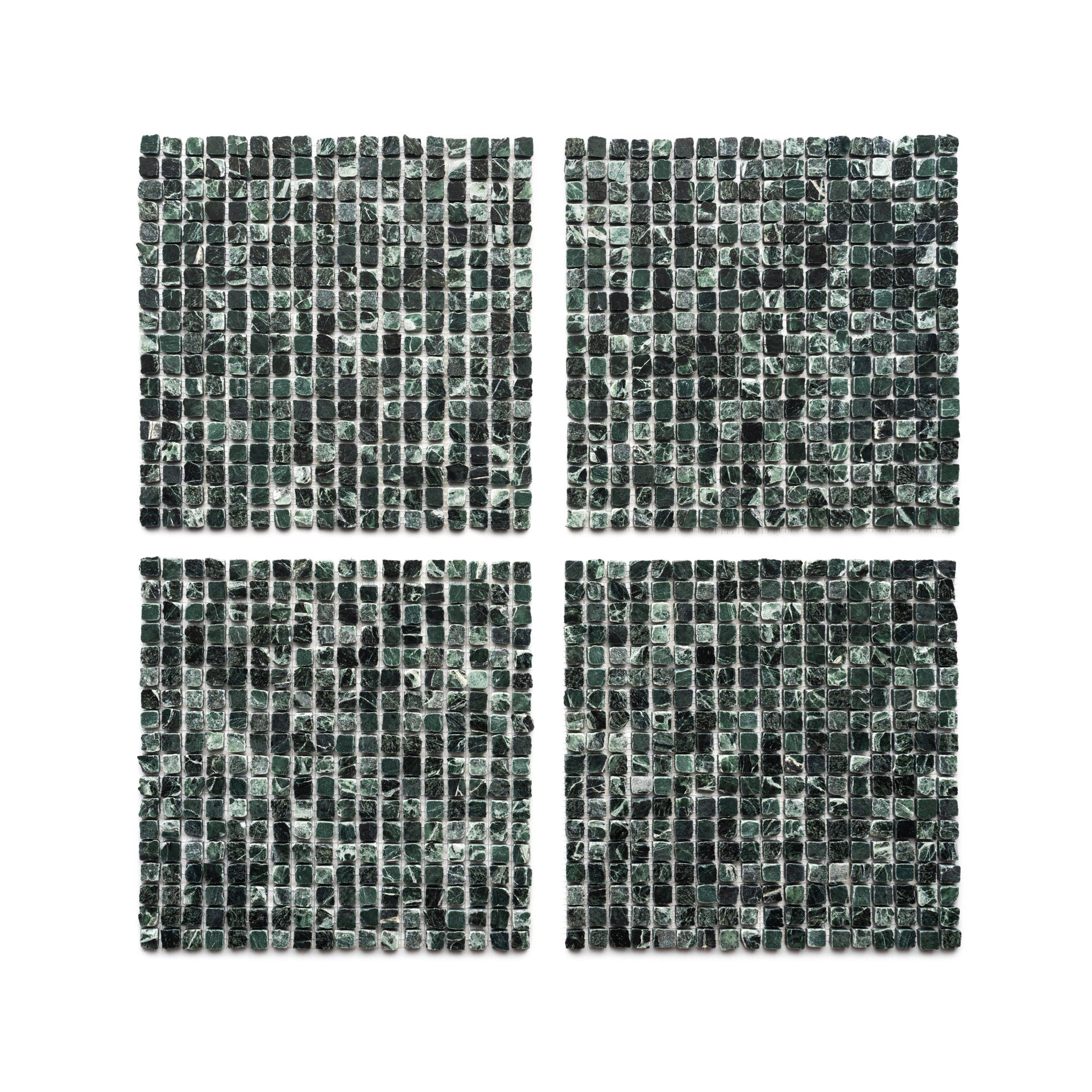 Four Verde Alpi 5/8 mosaic tile sheets by Zia Tile, each featuring small square tiles in black and dark gray, are arranged in a two-by-two grid on a white background.