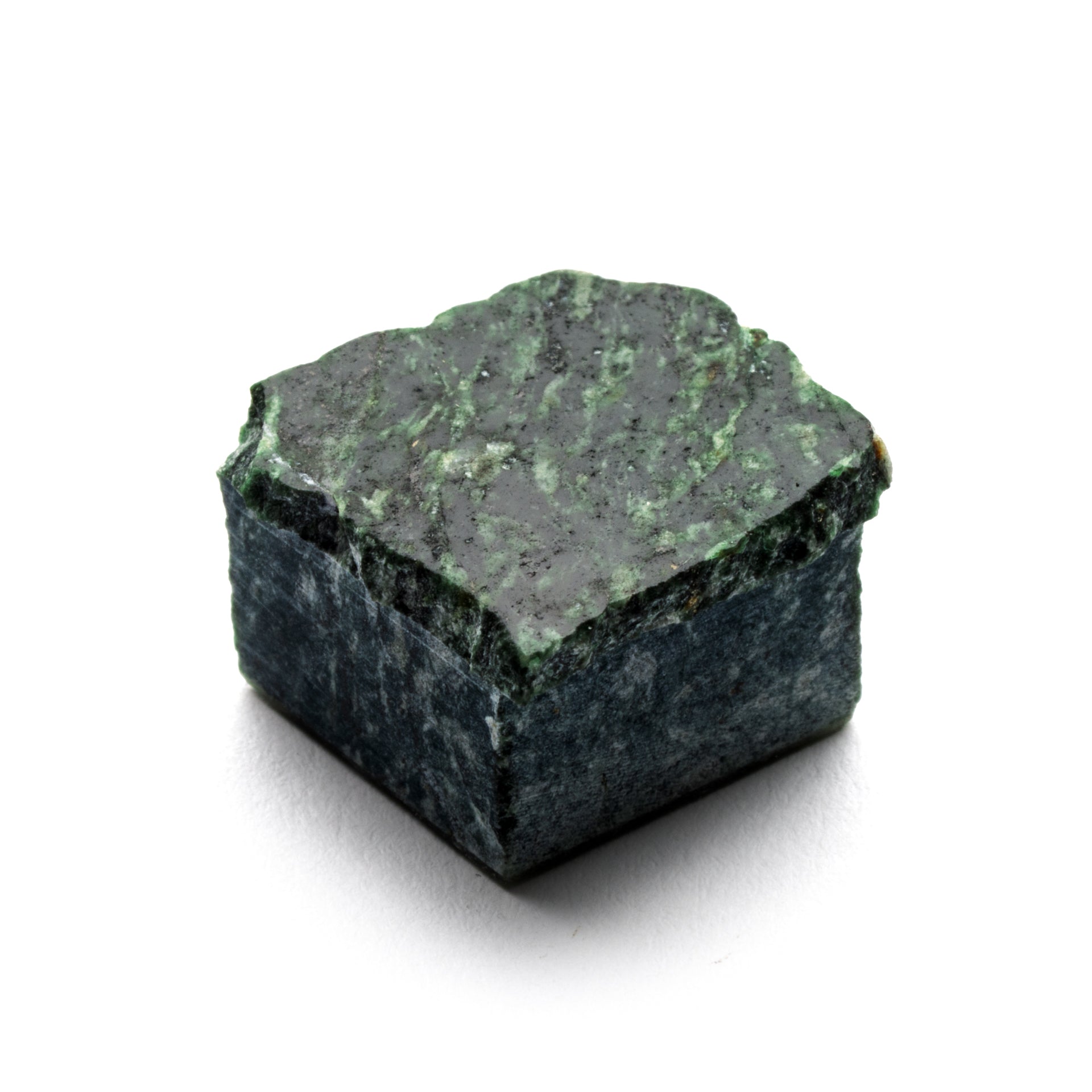 The Verde Alpi 5/8 by Zia Tile is a rough, square green and black mineral stone with a textured surface, shown on a white background.