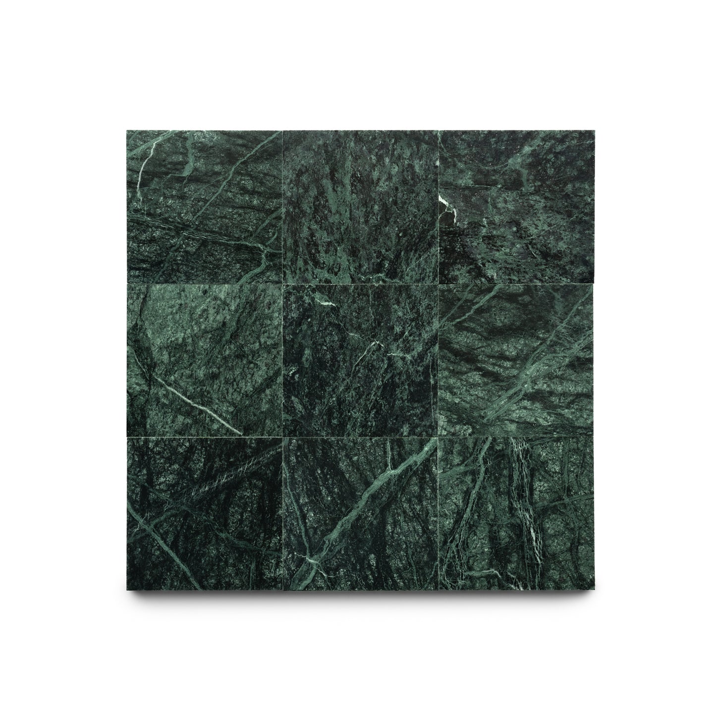 A 3x3 grid of Zia Tiles Verde Alpi 6x6 tiles—dark green marble with white veining—shown on a white background, perfect for fans of handmade and Zia Tile styles.